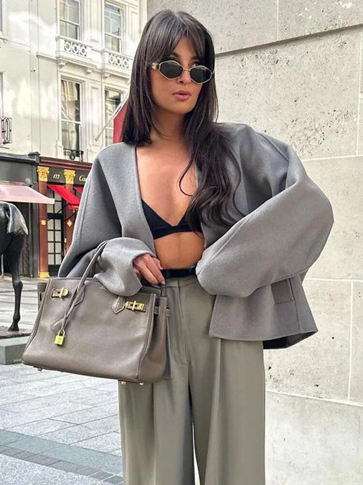 Autumn Women's Grey Cropped Coat Elegant V-neck